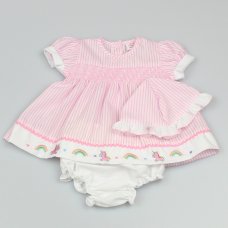 GF1006: Baby Girls Rainbow Stripe 3 Piece Dress Set with Hat (NB-6 Months)